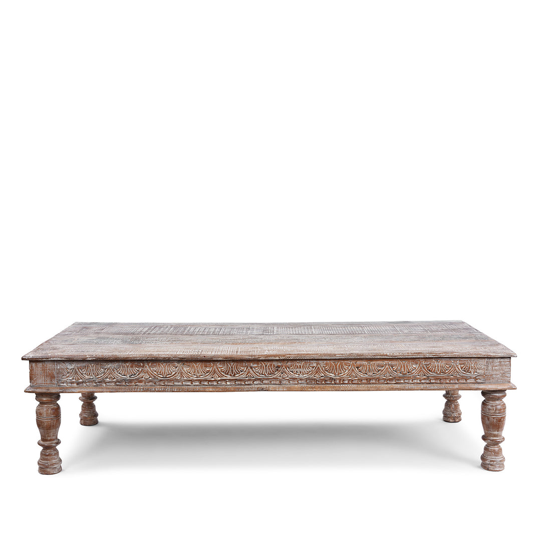 Reclaimed Teak Takhat Coffee Table Made From Antique Indian Architectural Wood With Distressed Finish And Carved Apron