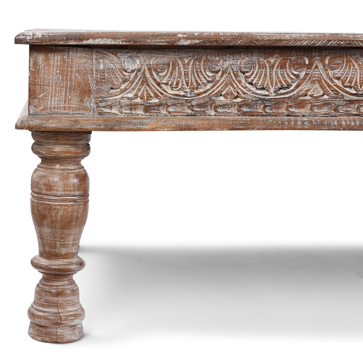 Corner Detail From Reclaimed Teak Takhat Coffee Table Made From Antique Indian Architectural Wood With Distressed Finish And Carved Apron