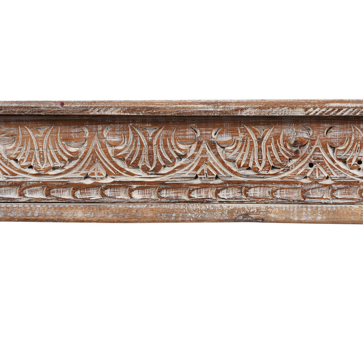 Carving Detail From Reclaimed Teak Takhat Coffee Table Made From Antique Indian Architectural Wood With Distressed Finish And Carved Apron