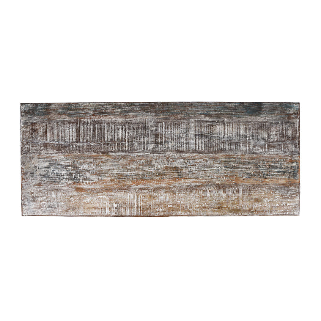 Top Down View Of Reclaimed Teak Takhat Coffee Table Made From Antique Indian Architectural Wood With Distressed Finish And Carved Apron