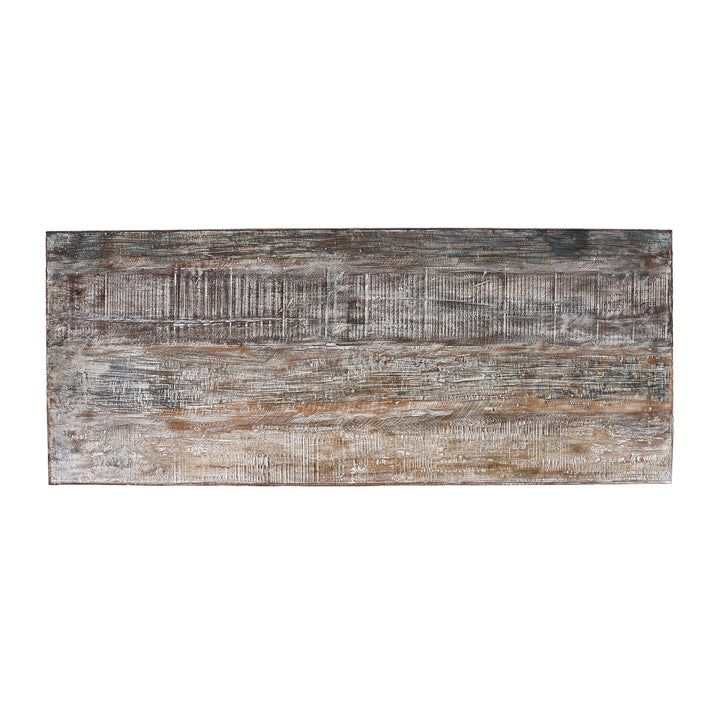 Top Down View Of Reclaimed Teak Takhat Coffee Table Made From Antique Indian Architectural Wood With Distressed Finish And Carved Apron