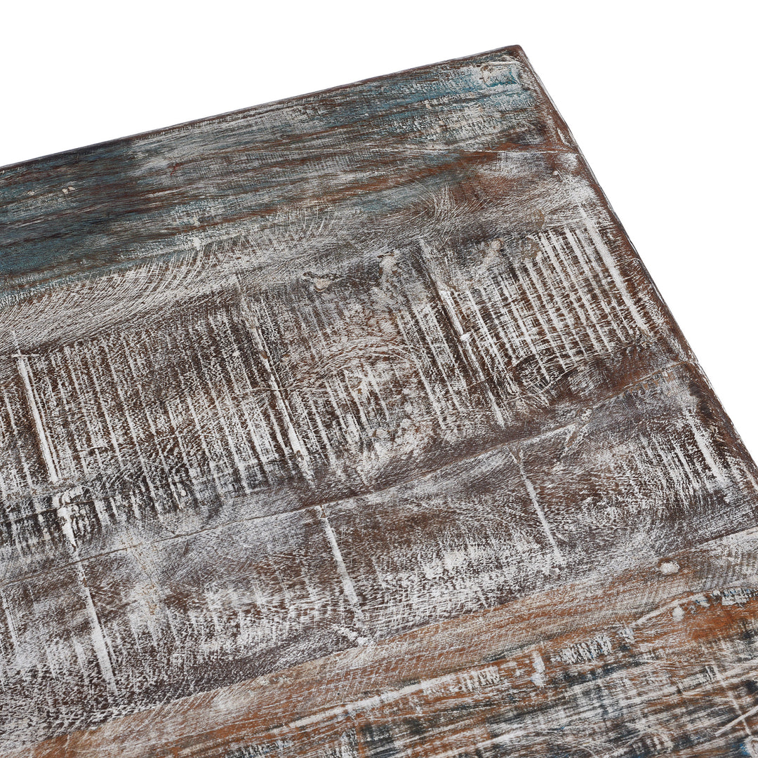 Corner Detail From Reclaimed Teak Takhat Coffee Table Made From Antique Indian Architectural Wood With Distressed Finish And Carved Apron