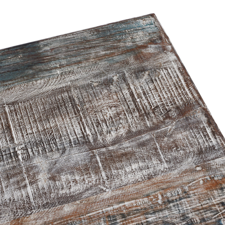 Corner Detail From Reclaimed Teak Takhat Coffee Table Made From Antique Indian Architectural Wood With Distressed Finish And Carved Apron