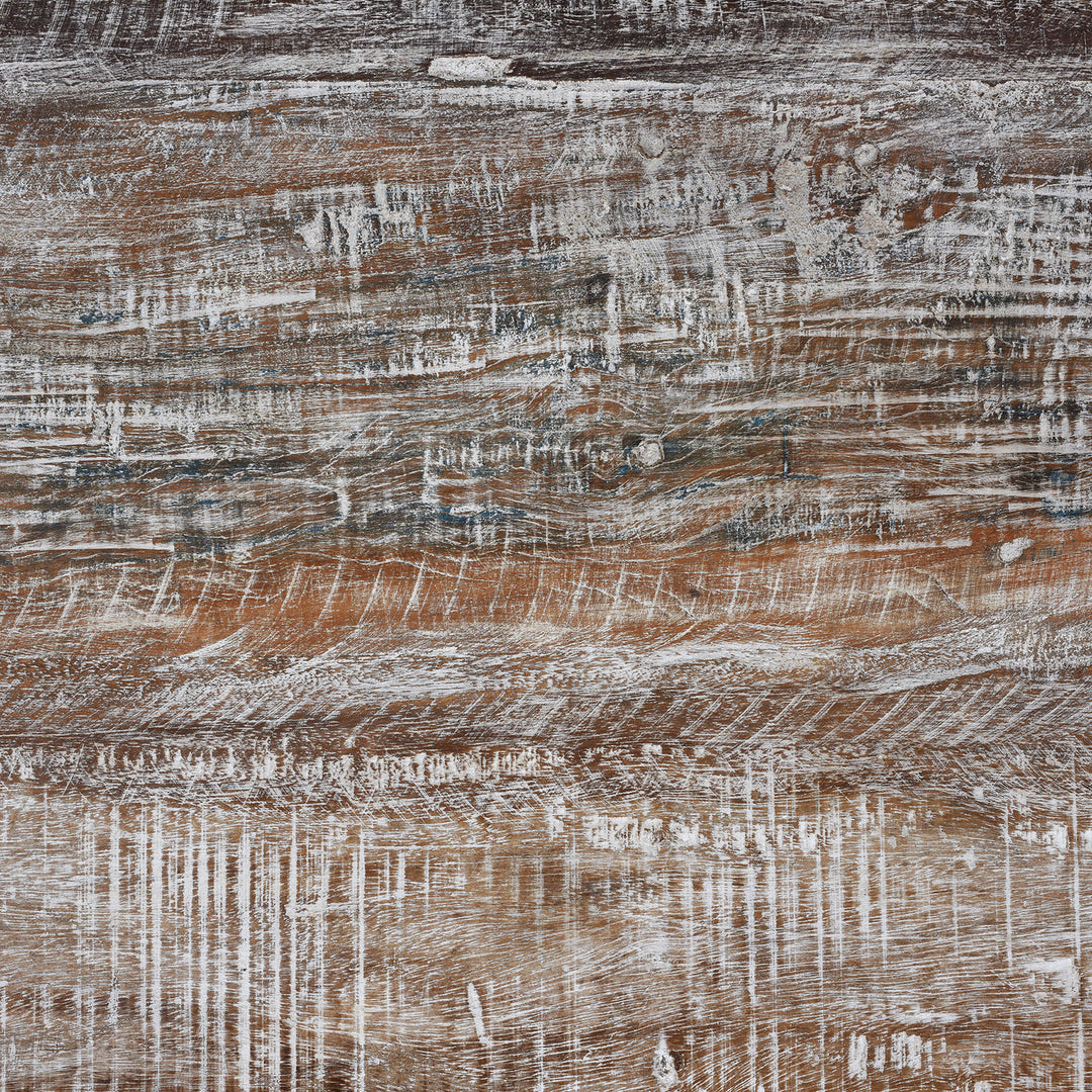 Surface Detail From Reclaimed Teak Takhat Coffee Table Made From Antique Indian Architectural Wood With Distressed Finish And Carved Apron