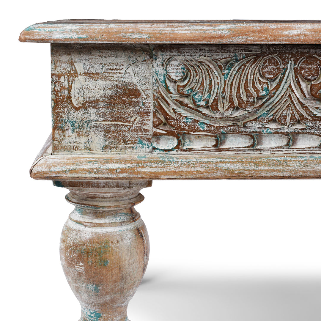 Corner Detail Showing Carving And Leg On Square Reclaimed Teak Takhat From Rajasthan | Indigo Antiques