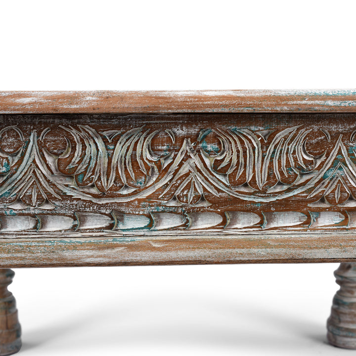 Carving Detail From Square Reclaimed Teak Takhat From Rajasthan | Indigo Antiques
