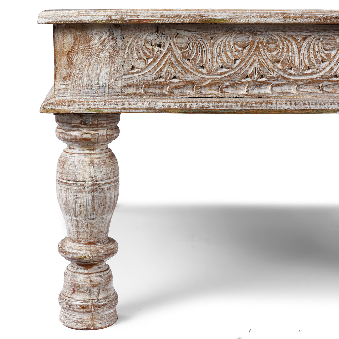 Corner Detail From Square Reclaimed Teak Takhat From Rajasthan | Indigo Antiques