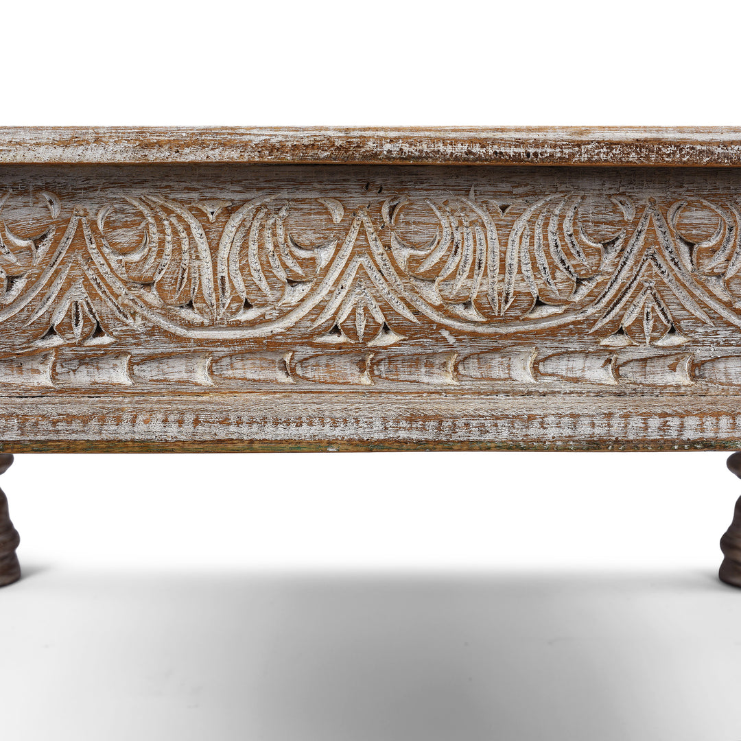 Carving Detail From Square Reclaimed Teak Takhat From Rajasthan | Indigo Antiques