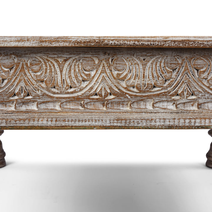 Carving Detail From Square Reclaimed Teak Takhat From Rajasthan | Indigo Antiques