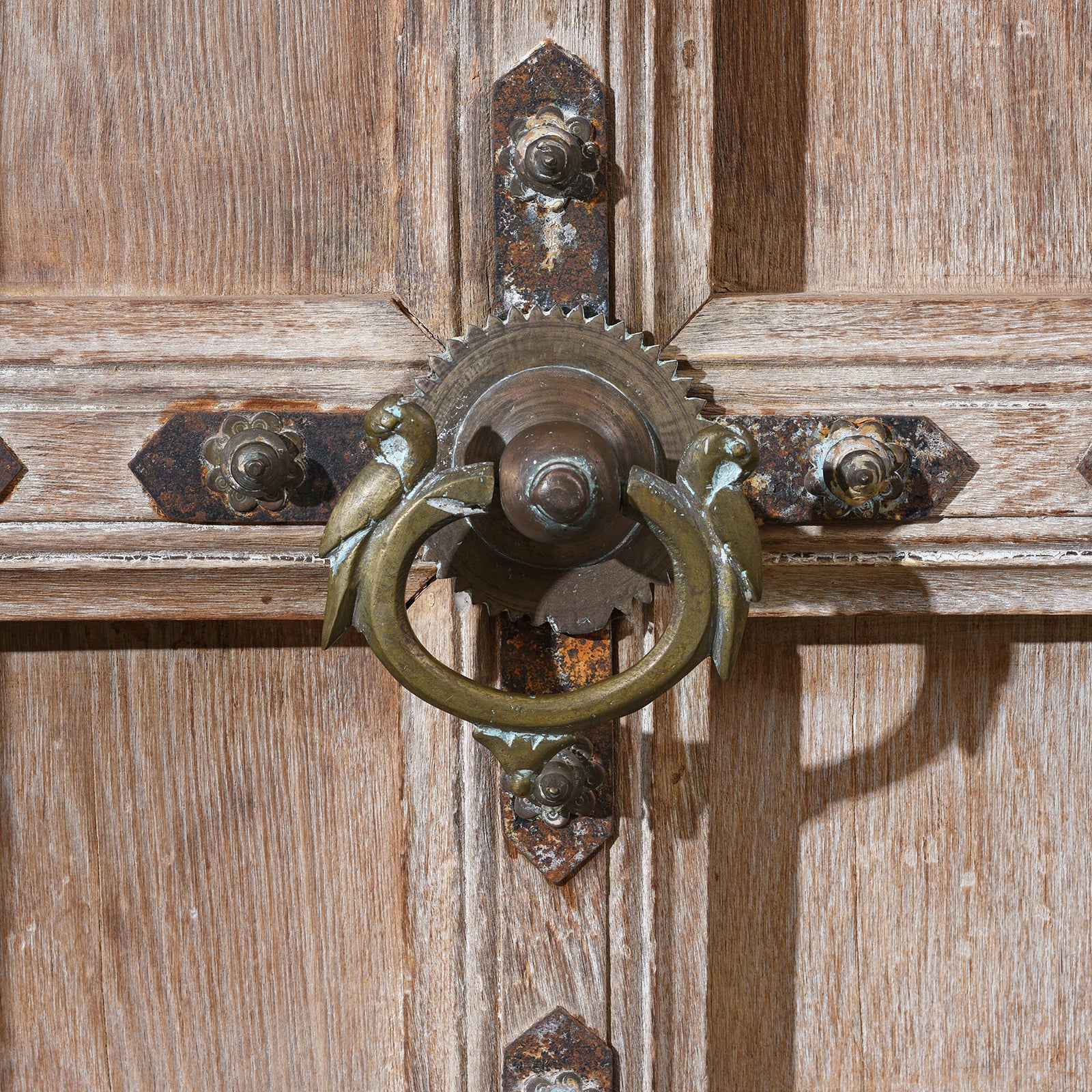 Knocker Detail From 19th Century Carved Teak Door From Himachal Pradesh With Floral Motifs and Figure Detailing