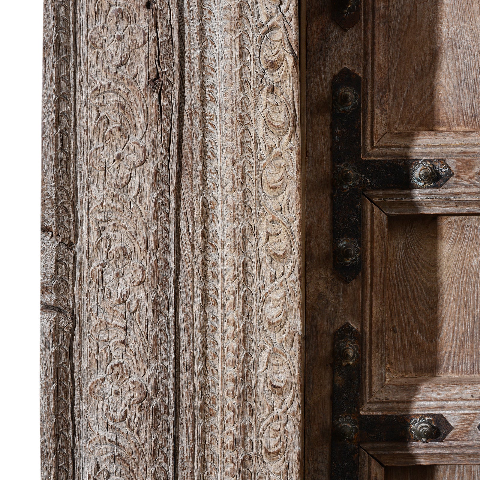 Carving Detail From 19th Century Carved Teak Door From Himachal Pradesh With Floral Motifs and Figure Detailing