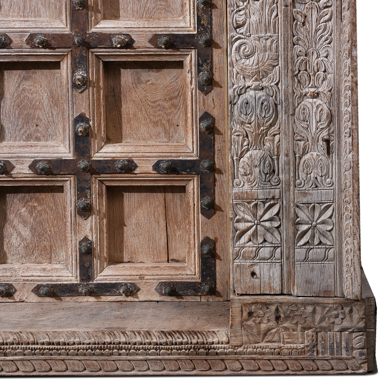 Carving Detail From Base Of 19th Century Carved Teak Door From Himachal Pradesh With Floral Motifs and Figure Detailing