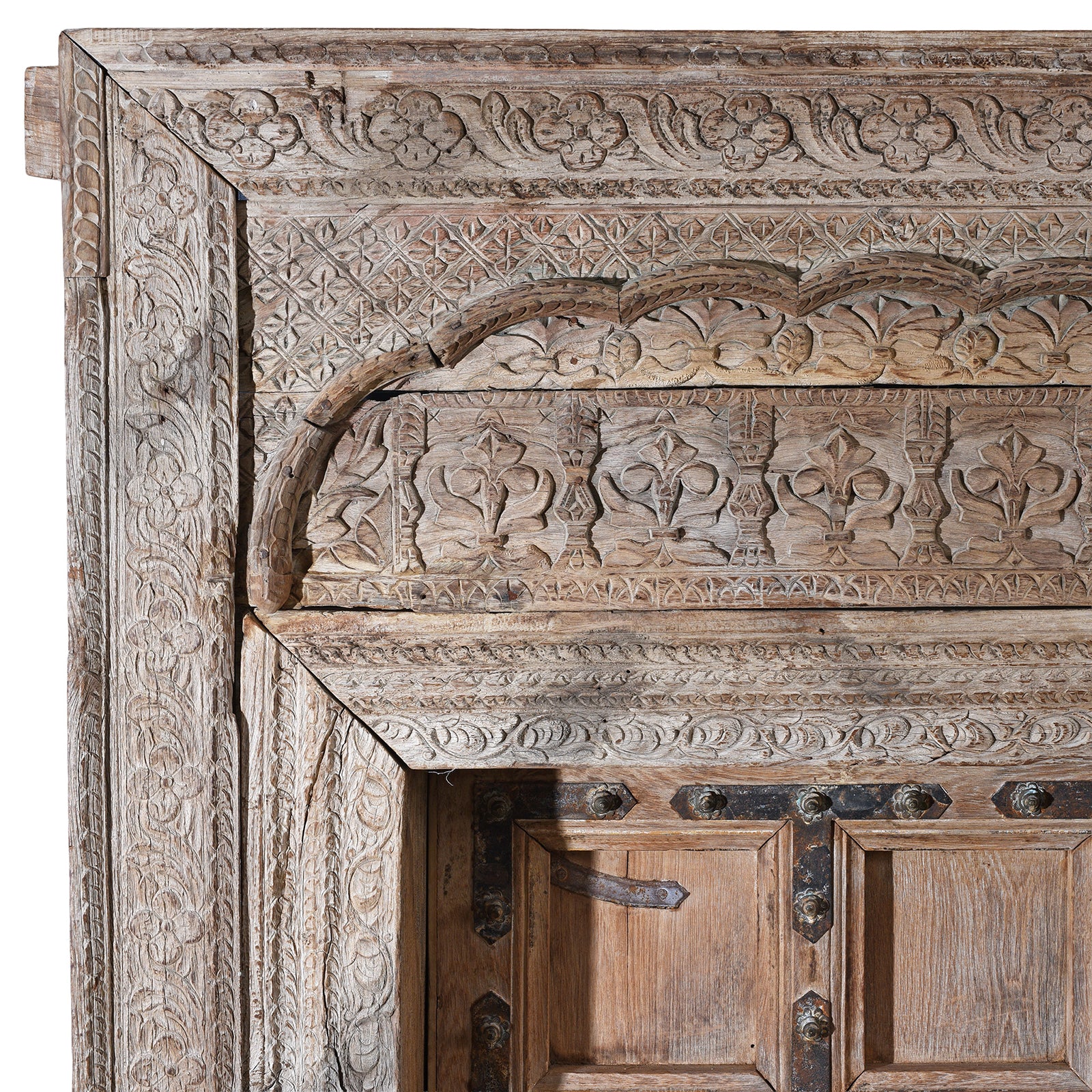 Corner Detail From 19th Century Carved Teak Door From Himachal Pradesh With Floral Motifs and Figure Detailing