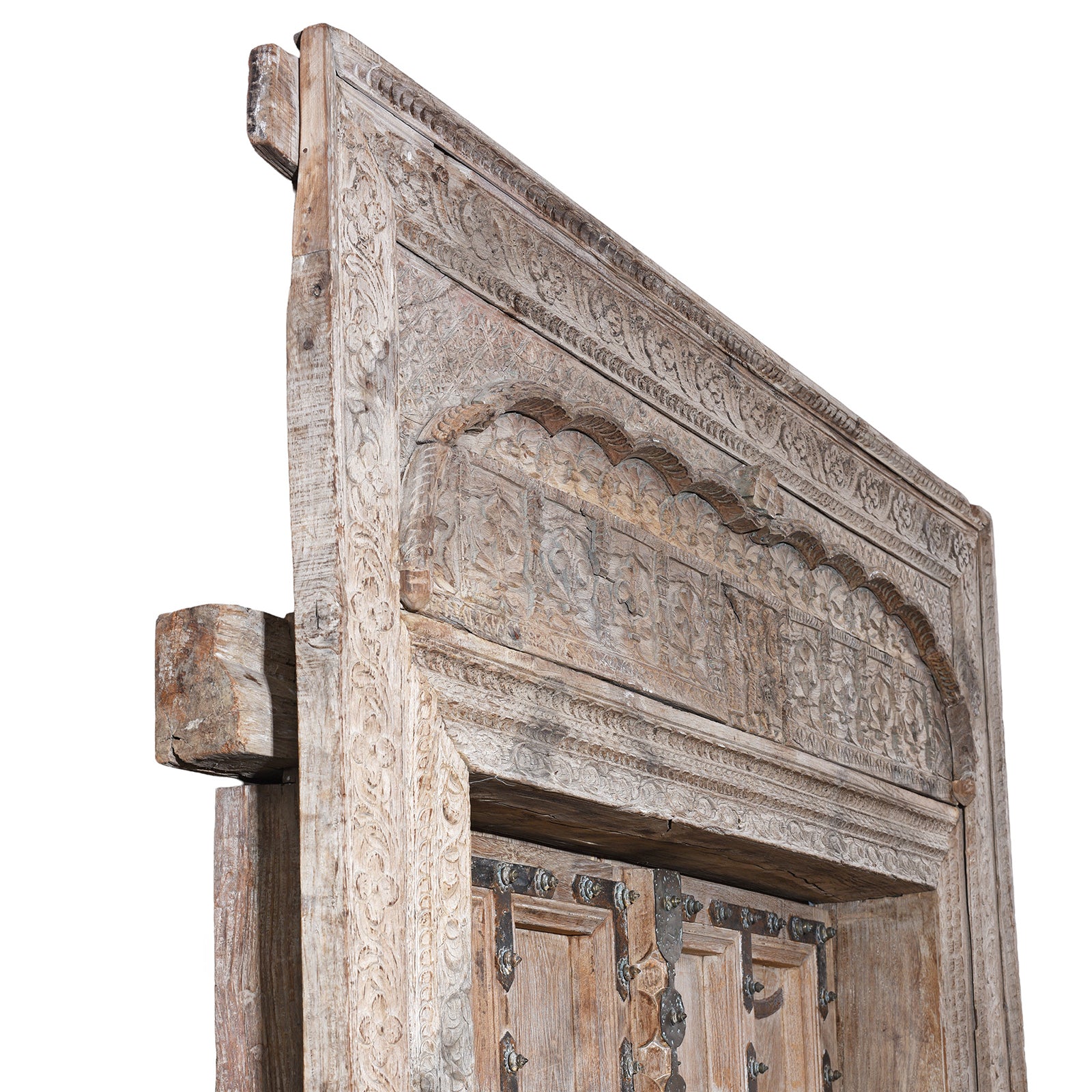 Depth Detail From 19th Century Carved Teak Door From Himachal Pradesh With Floral Motifs and Figure Detailing