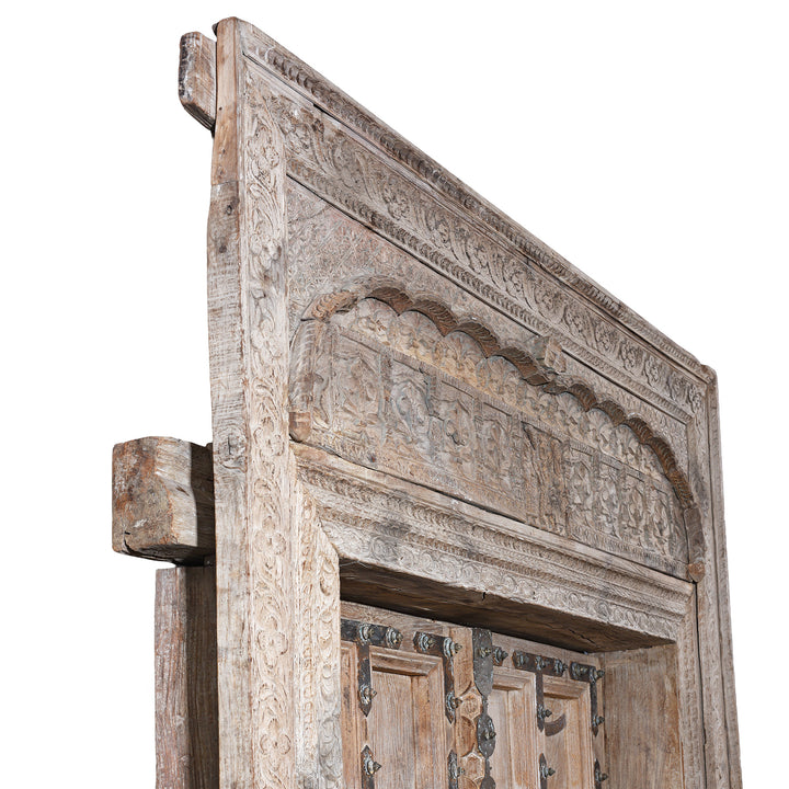 Depth Detail From 19th Century Carved Teak Door From Himachal Pradesh With Floral Motifs and Figure Detailing