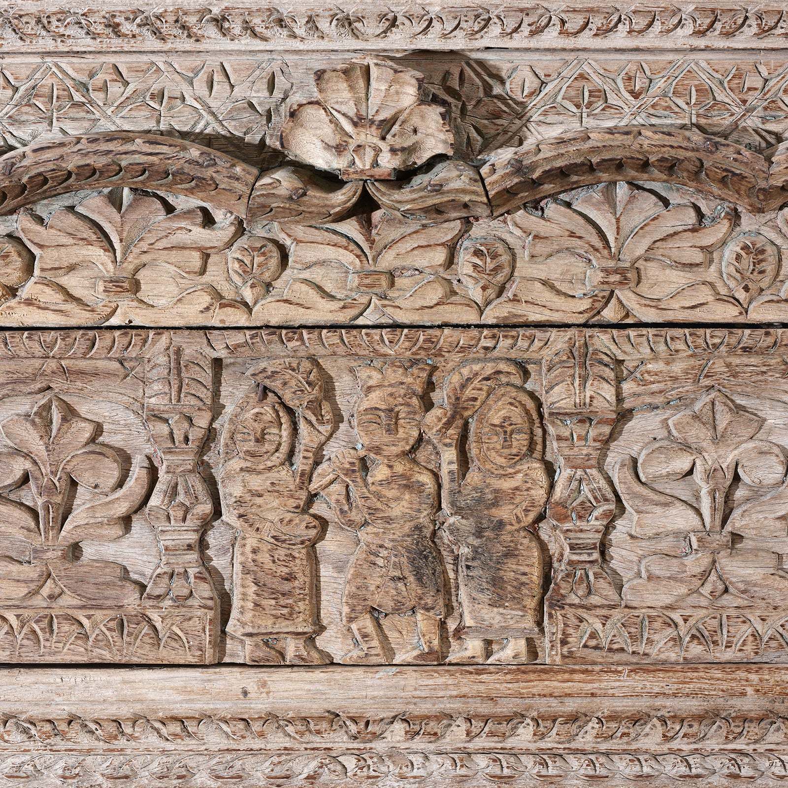 Figure Carvings From 19th Century Carved Teak Door From Himachal Pradesh With Floral Motifs and Figure Detailing