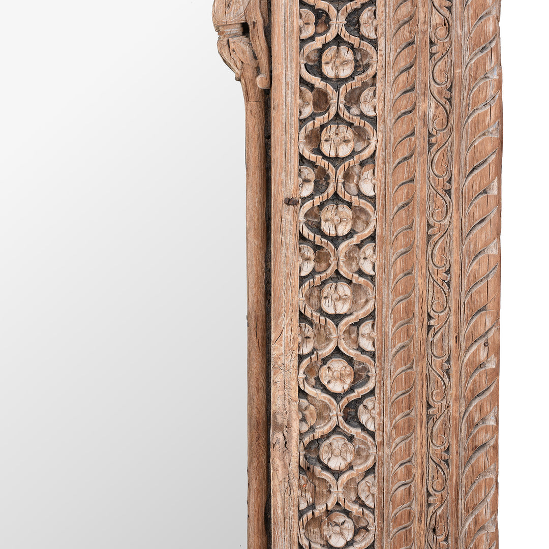 Frame Detail Showing Carvings On Antique Indian Carved Window Mirror | Indigo Antiques