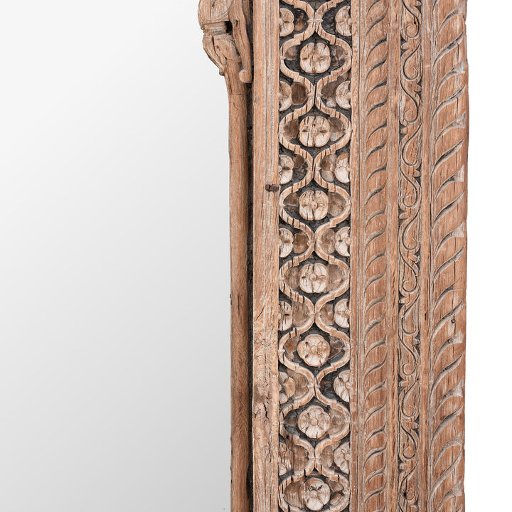 Frame Detail Showing Carvings On Antique Indian Carved Window Mirror | Indigo Antiques