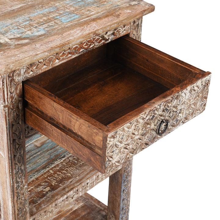 Drawer Interior View Of Reclaimed Teak Bedside Table With Painted Finish | Indigo Antiques