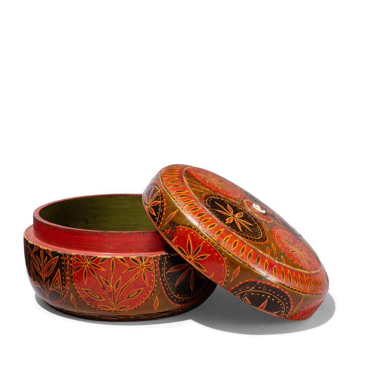 Open View Of Antique Indian Scratchwork Lacquer Pot From Barma