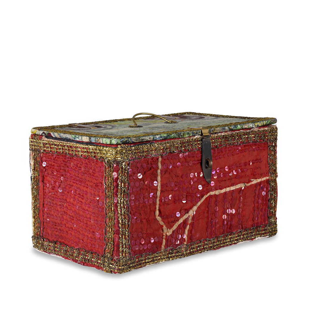 Angled View Of Vintage Red & Green Textile Container From Rajasthan