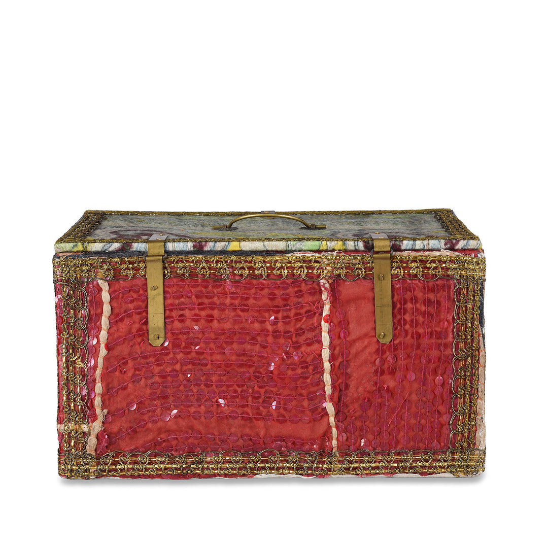 Back Of Vintage Red & Green Textile Container From Rajasthan