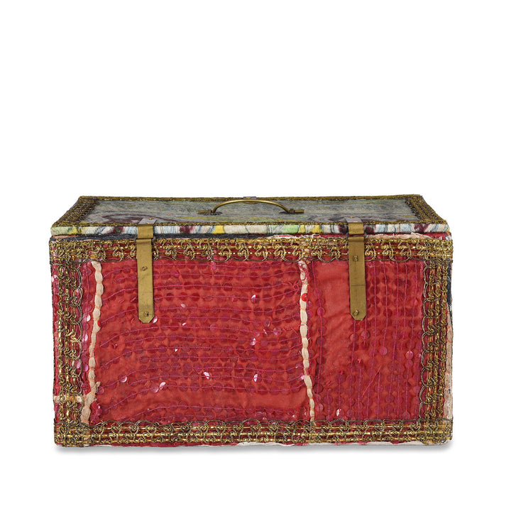 Back Of Vintage Red & Green Textile Container From Rajasthan