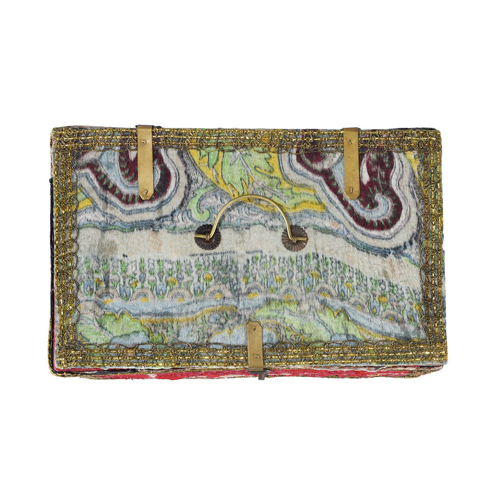 Top Down View Of Vintage Red & Green Textile Container From Rajasthan