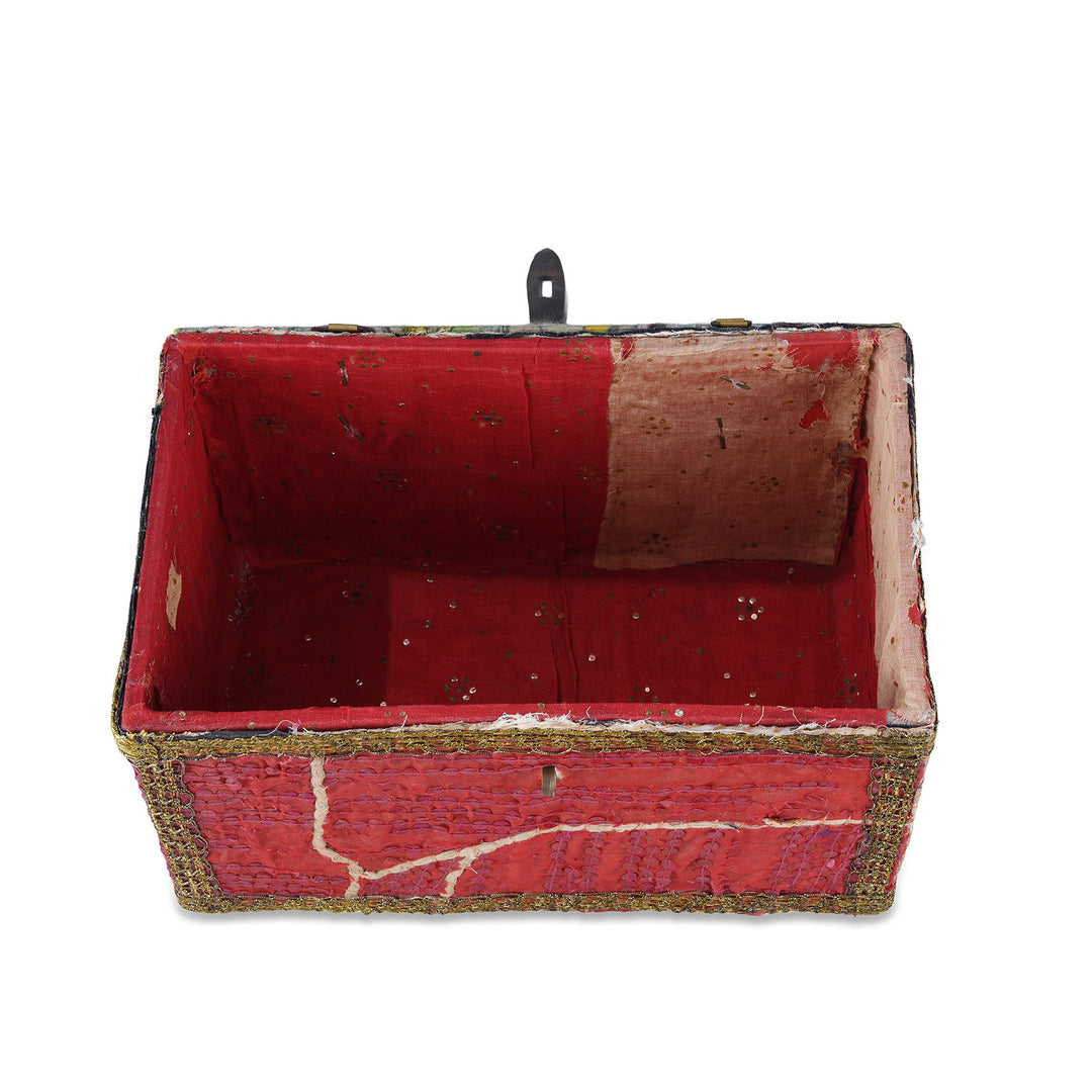Interior Of Vintage Red & Green Textile Container From Rajasthan