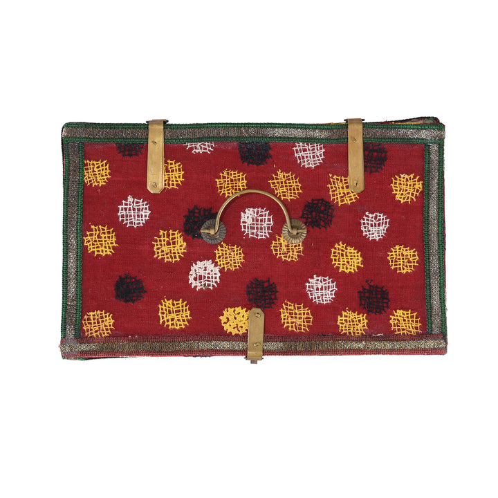 Top Down View Of Vintage Patterned Textile Box From Rajasthan | Indigo Antiques