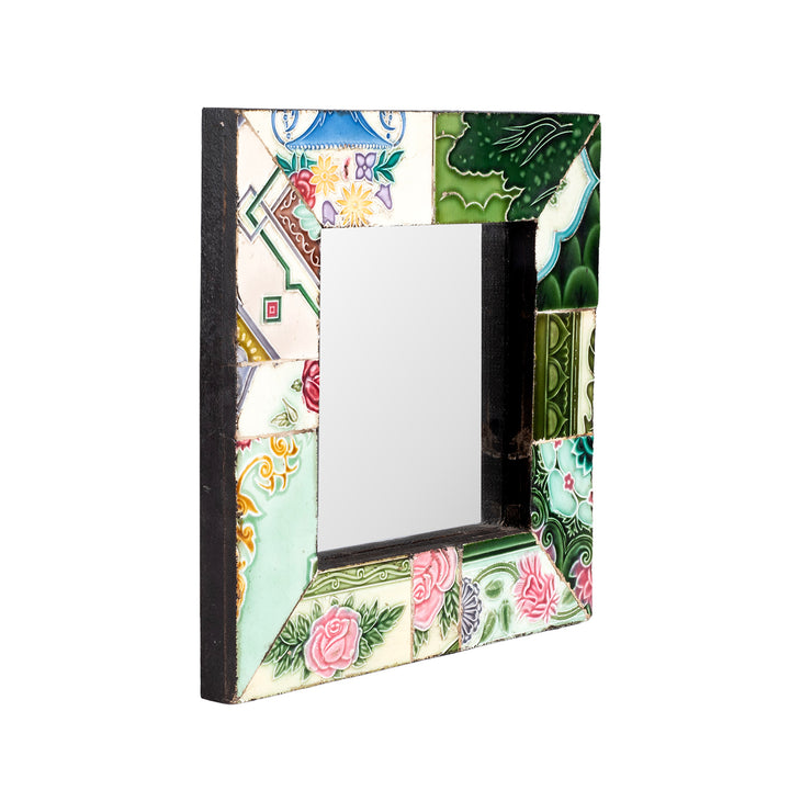 Angled View Of V1 Art Deco Inspired Mirror Made From 1920s Peranakan Ceramic Tiles