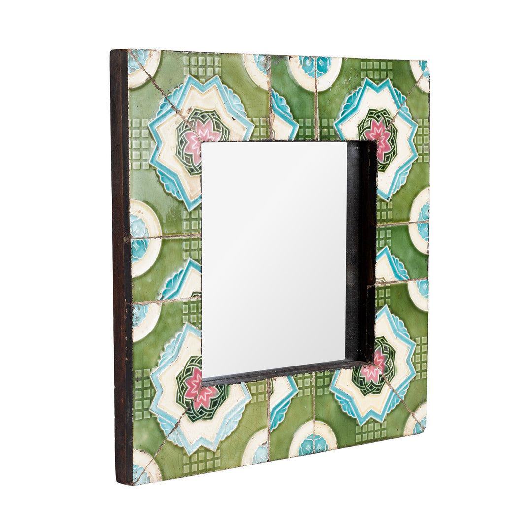 Angled View Of Green Mirror Made From Old Japanese Ceramic Tiles