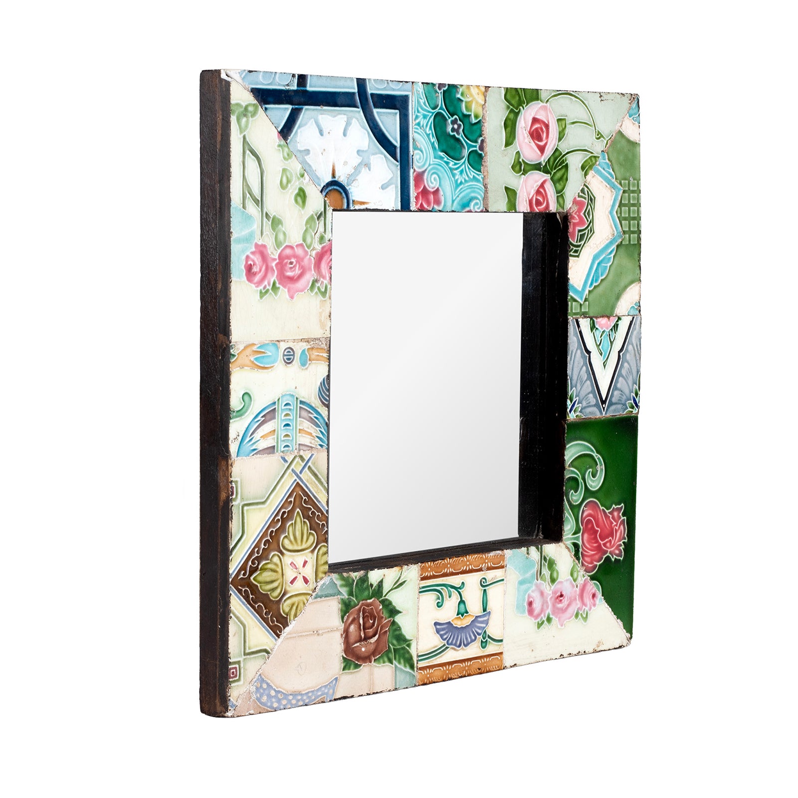 Angled VIew Of Roses Mirror Made From Old Japanese Ceramic Tiles