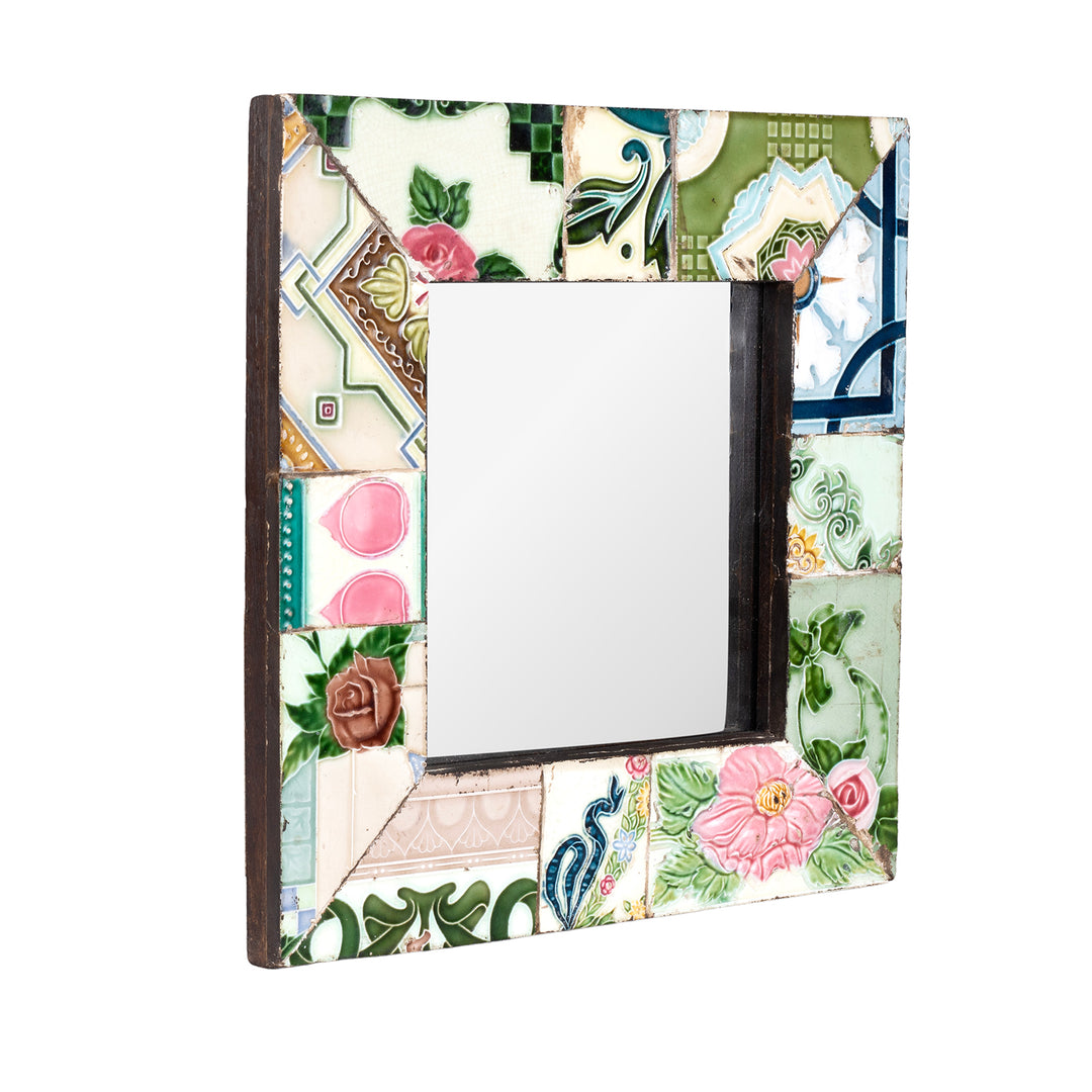 Angled VIew Of Roses Mirror Made From Old Japanese Ceramic Tiles