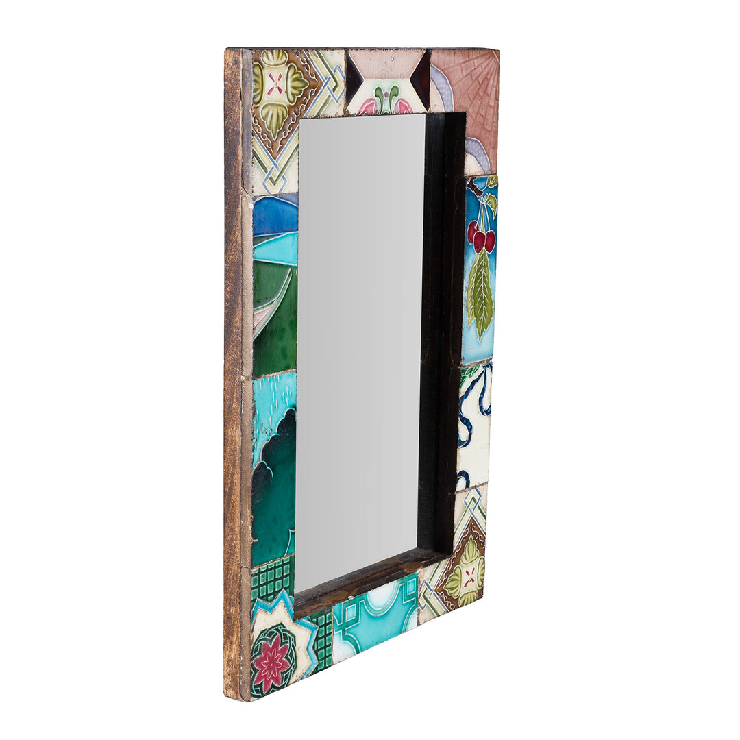Angled VIew Of Mirror Made From Old Japanese Ceramic Tiles | Indigo Antiques