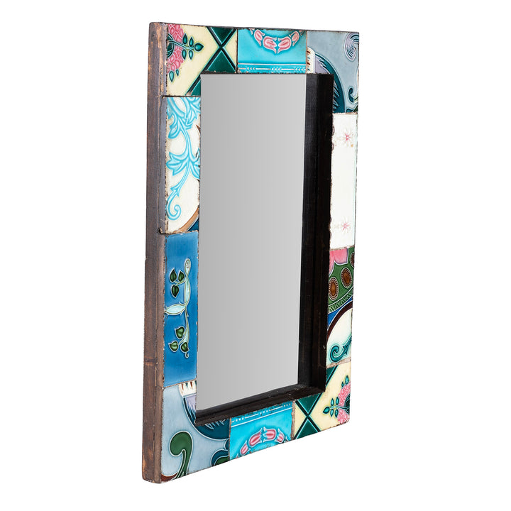 Anfgled VIew Of Mirror Made From Old Japanese Ceramic Tiles | Indigo Antiques