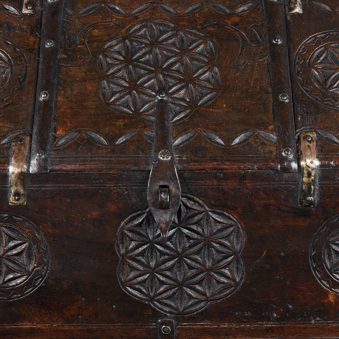 Carving Detail From Antique Indian Jaisalmer Hut Box Dowry Chest With Chip Carved Geometric Motifs And Iron Bindings