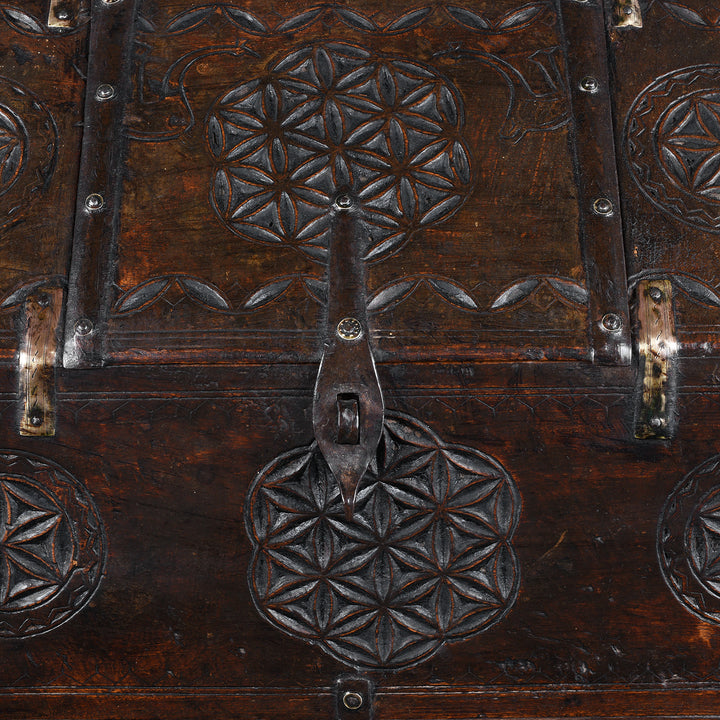 Carving Detail From Antique Indian Jaisalmer Hut Box Dowry Chest With Chip Carved Geometric Motifs And Iron Bindings