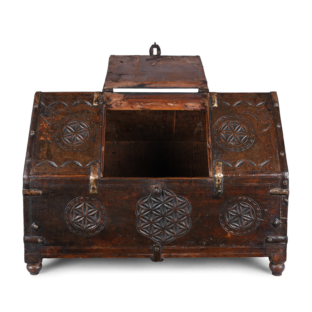 Open Lid View Of Antique Indian Jaisalmer Hut Box Dowry Chest With Chip Carved Geometric Motifs And Iron Bindings