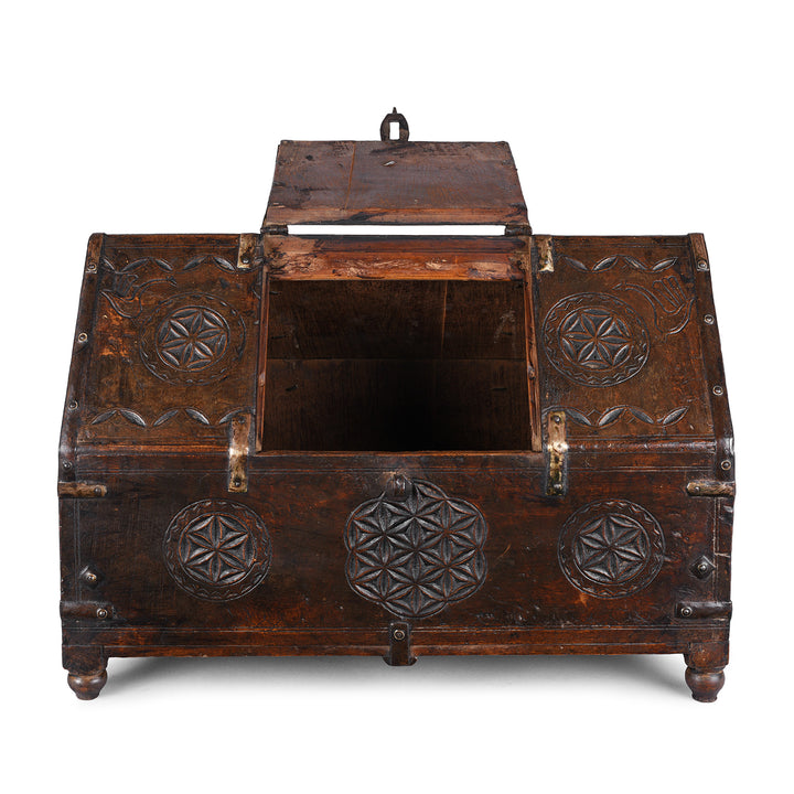 Open Lid View Of Antique Indian Jaisalmer Hut Box Dowry Chest With Chip Carved Geometric Motifs And Iron Bindings
