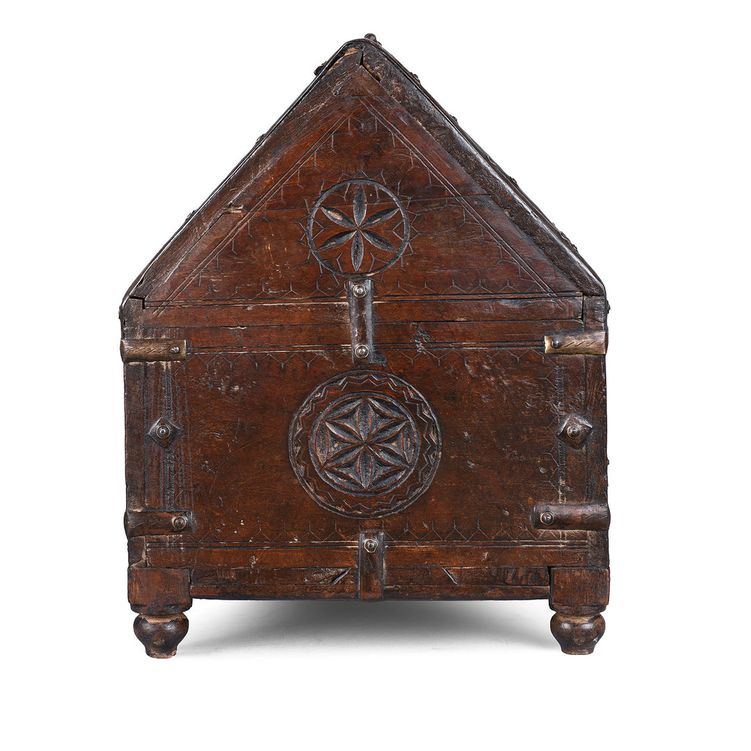 Side View Of Antique Indian Jaisalmer Hut Box Dowry Chest With Chip Carved Geometric Motifs And Iron Bindings
