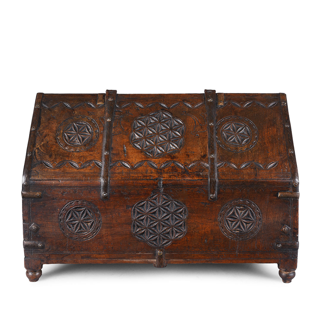 Back Of Antique Indian Jaisalmer Hut Box Dowry Chest With Chip Carved Geometric Motifs And Iron Bindings