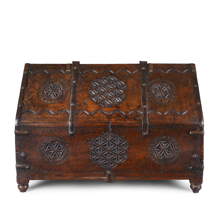 Back Of Antique Indian Jaisalmer Hut Box Dowry Chest With Chip Carved Geometric Motifs And Iron Bindings