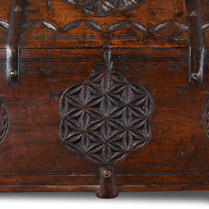 Carving Detail From Antique Indian Jaisalmer Hut Box Dowry Chest With Chip Carved Geometric Motifs And Iron Bindings