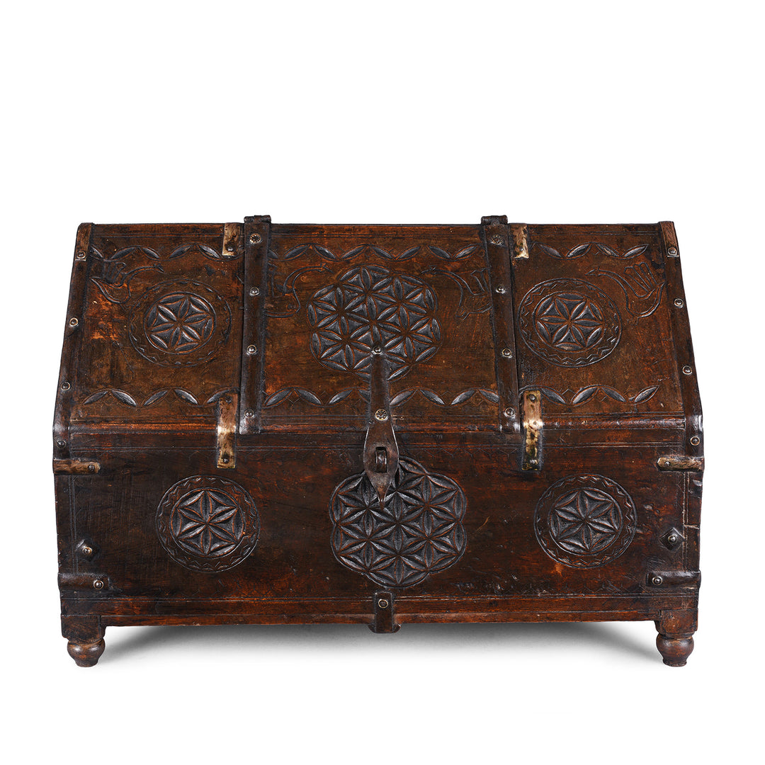 Closed Lid View Of Antique Indian Jaisalmer Hut Box Dowry Chest With Chip Carved Geometric Motifs And Iron Bindings