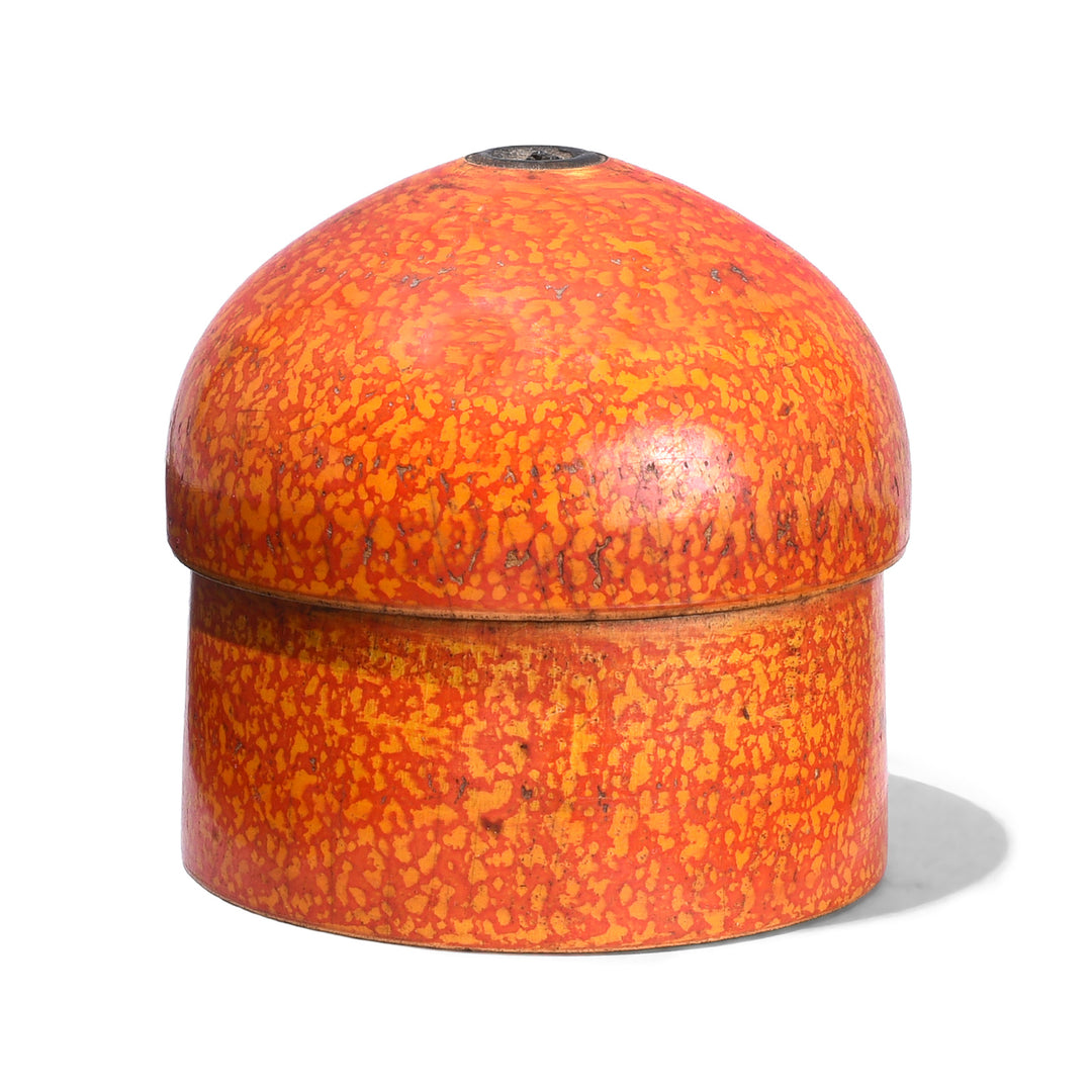 Antique Nineteenth Century Rajasthani Scratchwork Lacquer Box Open With Domed Lid Beside Base