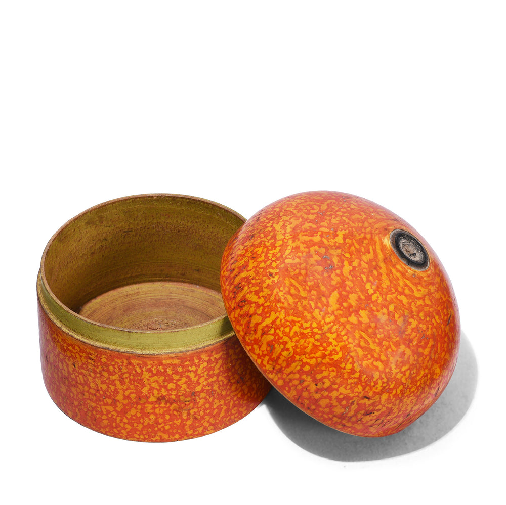 Open View Of Antique Nineteenth Century Rajasthani Scratchwork Lacquer Box Open With Domed Lid Beside Base