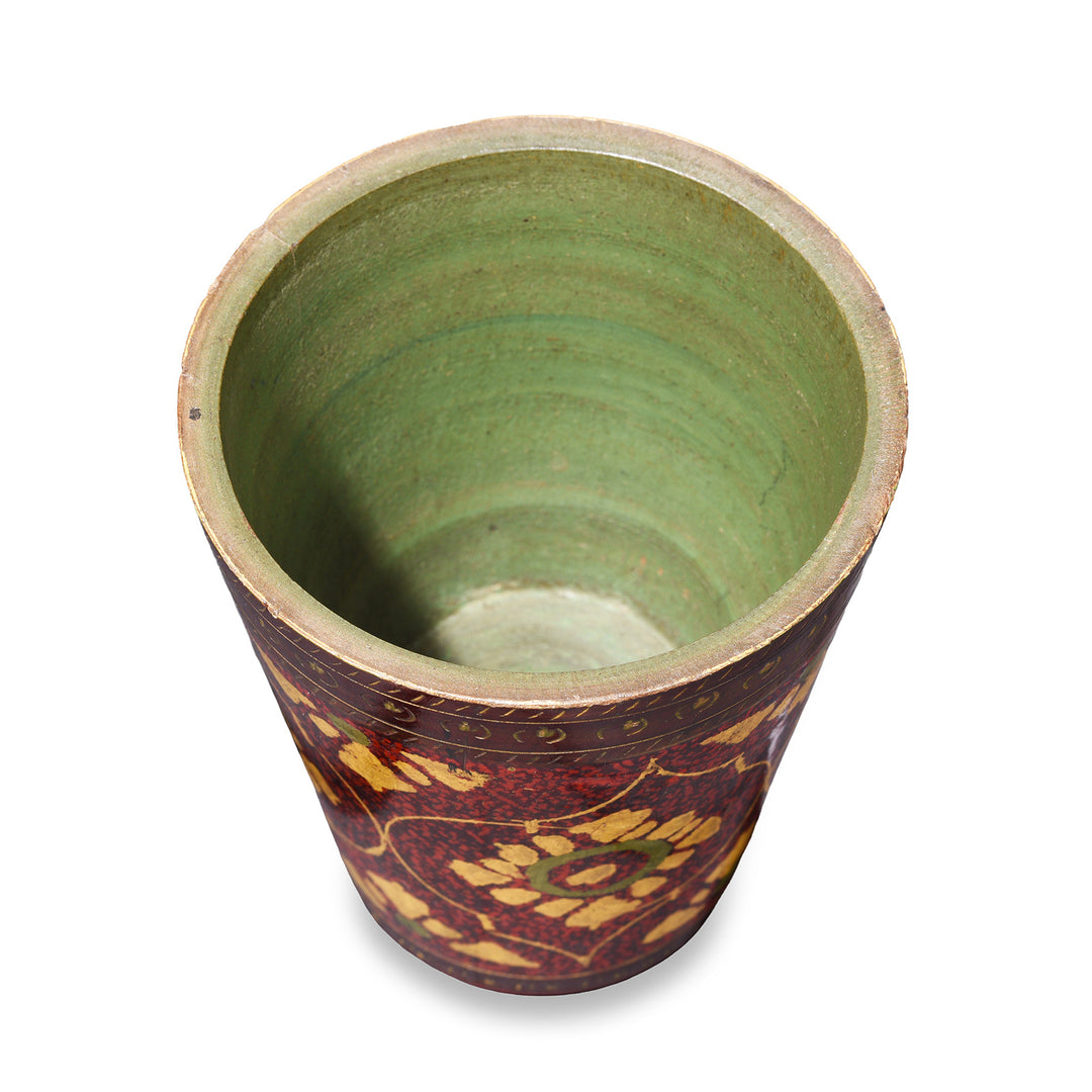 Interior Of Spotted Lacquer Beaker From Barmer With Red Ground And Golden Floral Designs