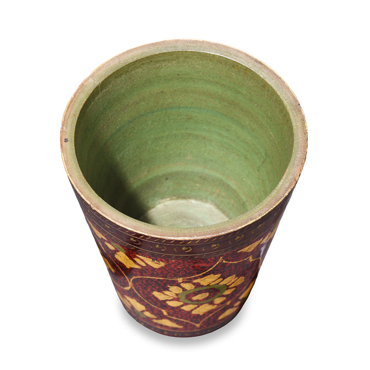 Interior Of Spotted Lacquer Beaker From Barmer With Red Ground And Golden Floral Designs