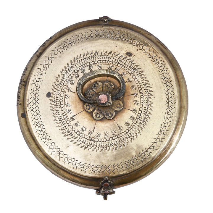 Top Down View Of Antique Indian Brass Chapati Box With Hand Engraved Geometric Decoration From Rajasthan